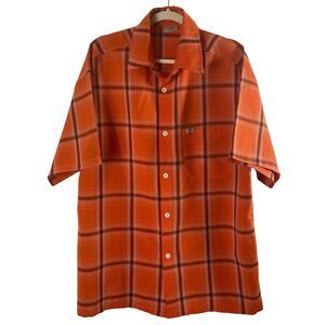 Vintage Caltop Mens Plaid Short Sleeve Orange button‎ up Shirt XL Old School 90s